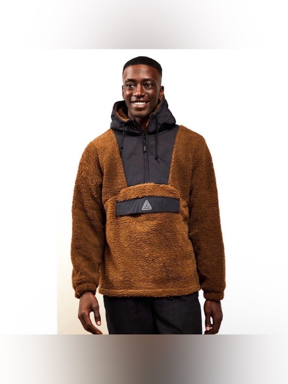 HUF Brown Sherpa Pullover with Black Hood & Chest Panel